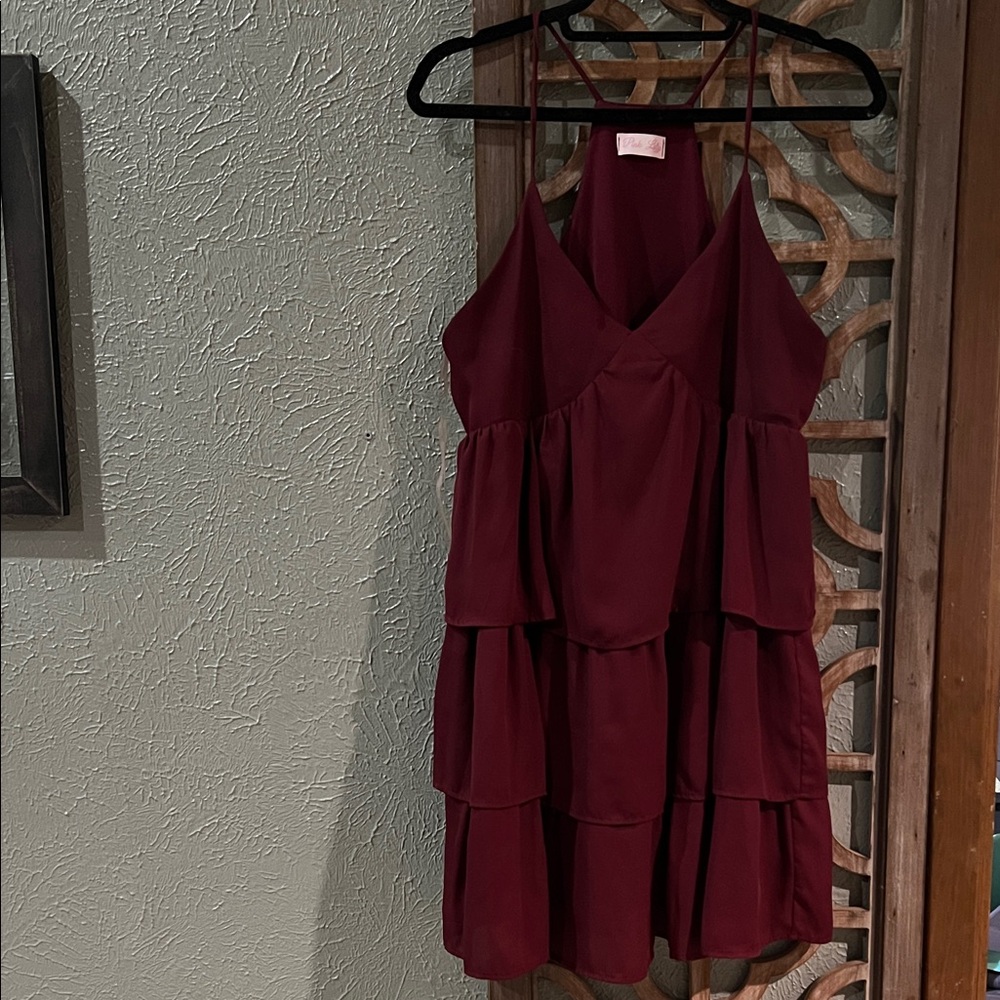 Pink Lily Burgundy Tiered Spaghetti-Strap Mini Dress